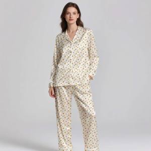 Elegant Digital Printed 100% <b>Silk</b> Satin Breathable 2-Piece Pajama Set <b>for</b> Adults | Premium Summer Sleepwear - Product Image 2