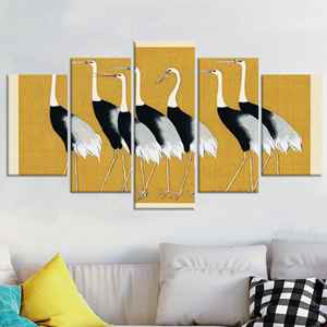 Elegante Impresión en Lienzo de Grullas Japonesas, Blanco y Negro sobre Amarillo Mostaza, Juego de 5 Lienzos Variados - Product Image 1