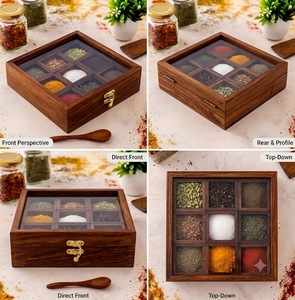 Boîte à épices en bois avec couvercle en verre, organisateur de rangement pour herbes à 9 compartiments, résistant à la poussière, organisateur de tiroir de cuisine - Product Image 4