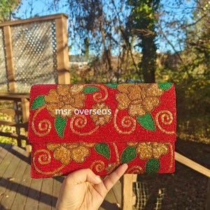 Bolso de mano de estilo indio para mujer, nuevo estilo rojo y rosa, mensajero hecho a mano con cuentas para fiestas de boda, tamaño XL - Product Image 4