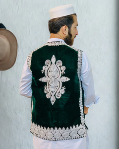 Premium green <b>Velvet</b> Afghani <b>Mens</b> Waistcoat with Heavy Hand Embroidery Traditional Formal for Special Cultural Functions - Product Image 4