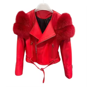 Chaqueta de Cuero Vintage con Ribete de Piel de Zorro de Alta Calidad en Oferta, Chaqueta de Cuero de Moda para Mujer - Product Image 3