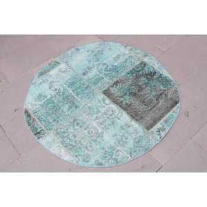 Alfombra Turca Redonda de 3.5x3.5 pies, Alfombra de Lana Vintage con Borde Azul - Product Image 3