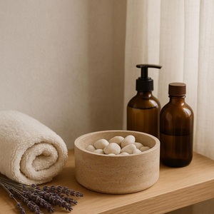 Bol à collation en pierre de travertin cannelé, artisanal, neuf, de luxe, pour la décoration de table, style minimaliste, décoration d'intérieur de luxe, accent de service - Product Image 4