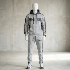 <b>Men's</b> Gray Hooded Tracksuit Set <b>Pullover</b> Hoodie Jogger Pants Dark Side Panels Sportswear Training Gym Running Fitness Activewear - Product Image 1