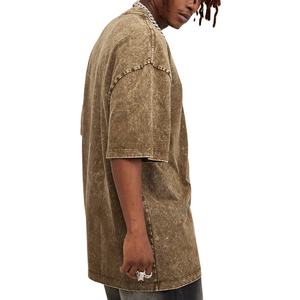 Camiseta de algodón 100% para hombre, Camiseta holgada estampada de tendencia superior con cuello redondo para hombre, a la venta de lavado ácido camiseta, longitud Regular lisa - Product Image 2