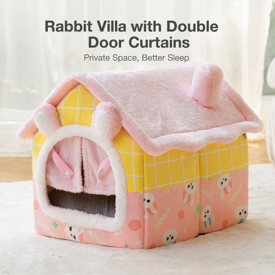 Cat House Warm Plush Rabbit Ear Door Curtain Indoor Enclosed Cat Bed ...