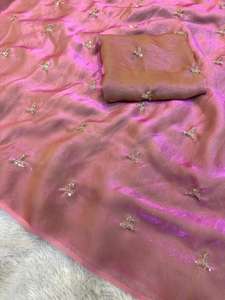 Sari Fendy para Mujer, Satén de Doble Tono, Hermoso Trabajo de Lentejuelas Zari y Flores Butti, Blusa de Contraste para Adultos - Product Image 3