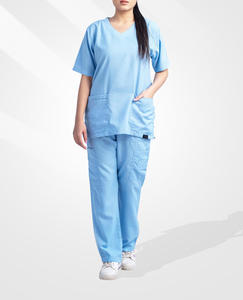 Ensemble de tenues médicales unisexe en jean extensible 2 pièces à manches courtes pour l'été, avec logo personnalisé, pour hôpital et clinique, style jogger, vente en gros - Product Image 3