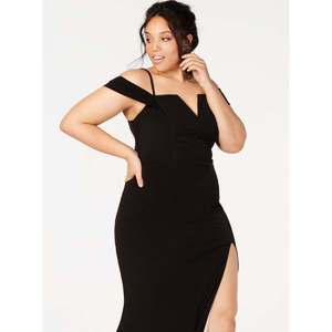 Abito da sera lungo in raso nero con spacco sulla spalla e paillettes, taglia 22W, vita naturale, modello a tubino, per donna, City Studios - Product Image 2