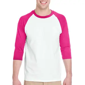 Custom Made Mens 3/4 Sleeve Crewneck T-Shirt White/Heliconia Pink