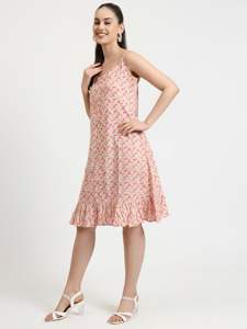 Sati Factory verano Casual Floral geométrico triángulo estampado vestido rosa Beige sin mangas suelta silueta volante dobladillo hasta la rodilla - Product Image 6