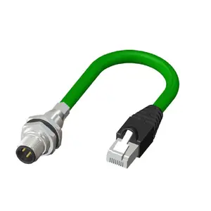 M12 D-Coded Male 4 Pin Rear to RJ45 Panel Mount GREEN PVC Cable Connector