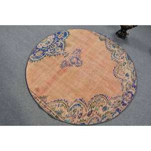 Tapis Turc Vintage Bleu Orange Classique Grande Surface 4.5ft X 4.5ft Laine Latex Support Patchwork Style Tabriz pour Couloir - Product Image 4