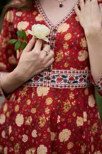 Robe Davina imprimée à la main, bohème, en pur coton, décontractée, occasionnelle, vacances, été, rouge beige, fabriquée à la main, mode éthique - Product Image 5