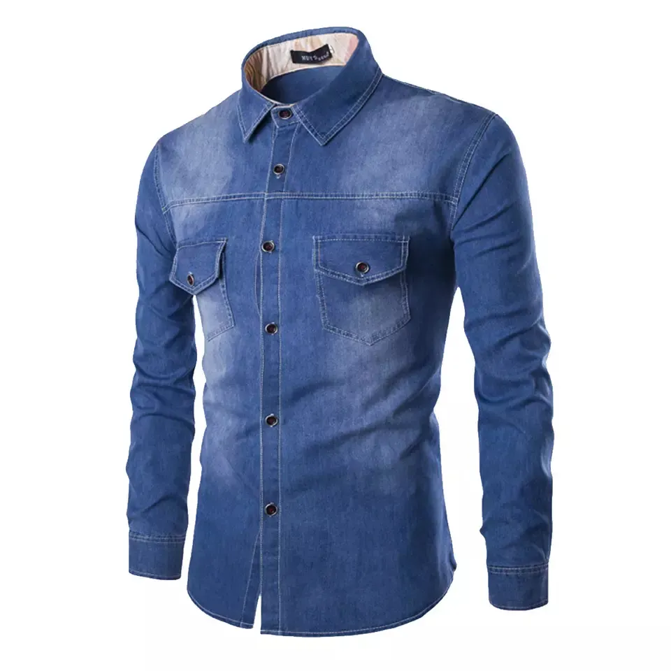 OEM High Quality Light Blue Multipacket Jean Shirt Long Sleeve Hem Button Up Denim Shirt for Men