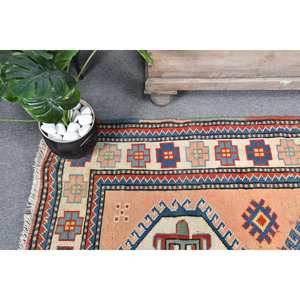 <b>Vintage</b> Turkish Wool <b>Rug</b> 4.3 X 5.9ft Large Area Beige Blue Patchwork Design for Hallway Room Rectangular Shape Latex for Bedside - Product Image 5