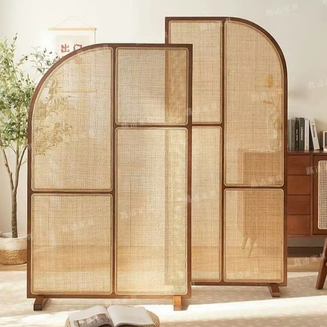 Wooden Cane Room Divider with Curved Top Folding Privacy Screen for Office Modern Partition Divider Decorative Wooden Divider