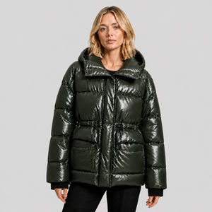 Manteau d'hiver à capuche unisexe pour femme, noir, imperméable, veste matelassée décontractée, coupe régulière, fermeture éclair, couleur unie, polyester, vêtements d'extérieur - Product Image 1