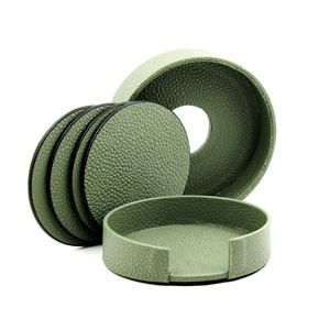 Dessous de verre en cuir vert avec couvercle de support Ensemble de 5 accessoires de décoration de table de forme ronde Dessous de verre en cuir à vendre - Product Image 2