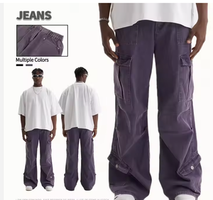 Pantalones de sarga de algodón con múltiples bolsillos de último diseño OEM, ropa de calle, pantalones cargo de pierna ancha acampanados con abertura lateral con cremallera para hombre - Product Image 2