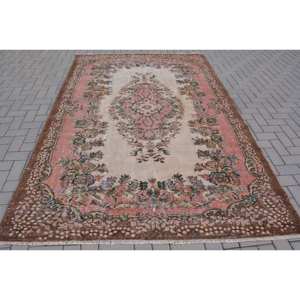 Alfombra turca vintage clásica rosa beige 6,2x9,3 pies tejido de retazos de lana para sala de estar respaldo de látex patrones de rompecabezas rectangulares - Product Image 1