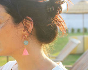 แฟชั่นใหม่ต่างหูพลอยพู่สีทองแบบทันสมัยเครื่องประดับรูปทรงเรขาคณิตทำด้วยมือ - Product Image 3