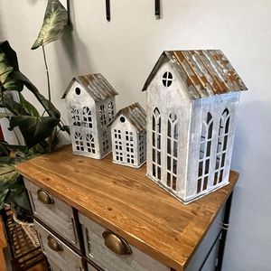 Set of 3 Rustic Iron Square House-Shaped Metal <b>Lanterns</b> & <b>Tea</b> <b>Light</b> Holders for Home Christmas Easter & <b>Tea</b> <b>Light</b> Display - Product Image 3