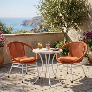 Silla de exterior tejida naranja con estructura de metal blanco, silla de comedor de cuerda, silla de patio con cojín, diseño artístico decorativo - Product Image 2