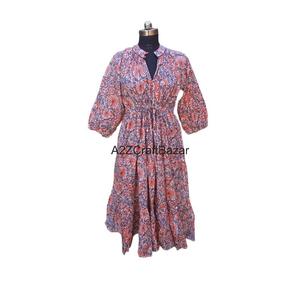 Robe habillée pour femme en coton, écologique, imprimé floral peint, légère, respirante, lavable, nettoyage à sec, col en V, manches 3/4, style portefeuille - Product Image 2