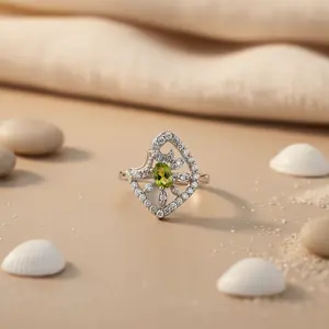 แหวนเงินแท้ 925 สไตล์โบฮีเมียนสำหรับผู้หญิง ประดับพลอยเพอริดอต ชุบทอง 14K และโรเดียม เหมาะสำหรับงานแต่งงาน - Product Image 1