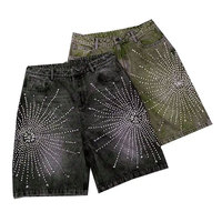 Pantalones cortos de mezclilla con lavado ácido holgados personalizados para hombre, ropa de calle Vintage, estilo Hip Hop, piedras de rinoceronte, Jorts desgastados de fabricación sólida