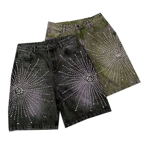 Pantalones cortos de mezclilla con lavado ácido holgados personalizados para hombre, ropa de calle Vintage, estilo Hip Hop, piedras de rinoceronte, Jorts desgastados de fabricación sólida - Product Image 3