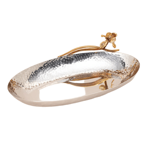 Plateau en acier inoxydable martelé ovale fabriqué à la main avec poignée florale dorée Service de luxe artistique - Product Image 1