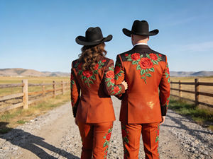 Conjunto de Traje Bordado Estilo Western Color Marrón Óxido para Hombre y Mujer, Blazer y Pantalones de Vaquero - Product Image 2