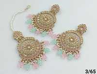 Ensemble de boucles d'oreilles et de mangtiika traditionnelles indiennes en or plaqué zircon pour femmes et filles, style Mehndi