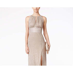 Abito da sera R&M Richards da donna in maglia metallizzata color oro con scollo all'americana e dettaglio a goccia in chiffon, vita naturale, taglia 8 - Product Image 2