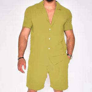 Vente chaude été respirant coupe ample hommes coton costume personnalisé couleur unie Logo personnalisé sweatshirts ensemble avec taille élastique - Product Image 4