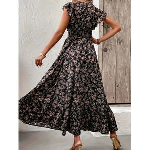 Robe à manches courtes pour femmes, col enroulé, taille élastiquée, motif floral, 35770 - Noir - Product Image 5
