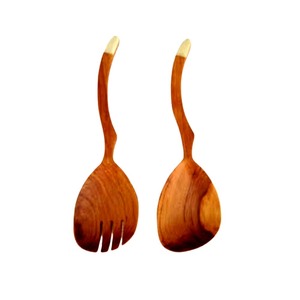 ชุดช้อนตักสลัดและส้อมด้ามไม้สีสองสีธรรมชาติดีไซน์ขนนก - Product Image 2