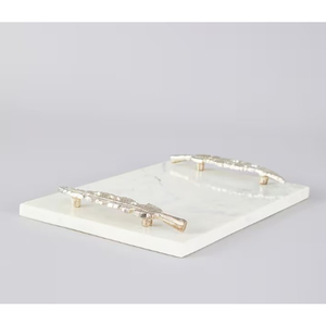 Elegant White Marble Serving Tray Gold Leaf Metal Handles Handcrafted Natural Stone Decorative Item for Home Hotel for Weddings - Product Image 5