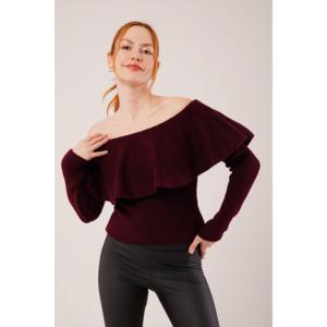 Suéter Borgoña con Cuello Madonna y Detalle de Volantes al por Mayor para Mujer - Product Image 2