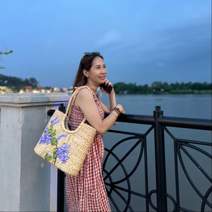 Bolso de hombro de jacinto de agua de estilo Vintage duradero hecho a mano con conveniente dos asas cierre abierto decoración Floral para mujer - Product Image 1