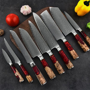 Ensemble de couteaux de chef japonais en acier Damas avec manche rouge élégant – Outils de cuisine pour une découpe précise des filets et des légumes - Product Image 1