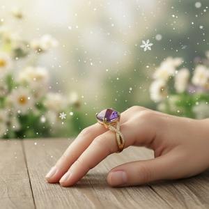 Anillo Minimalista Cristiano de Plata de Ley 925 para Mujer, Amatista, Chapado en Oro de 18K, Engaste de Puntas, Certificado por Terceros - Product Image 2