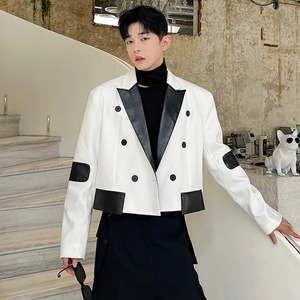 Abrigo elegante de Moda de Primavera para hombre, chaqueta de contraste de Color empalmado de lona de PU de piel de oveja corta Original - Product Image 6