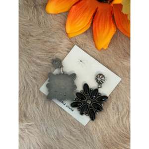 Jacqueline Silver <b>Onyx</b> & Sterling Silver Flower Stud <b>Earrings</b> with Pear Cut Diamond and Pearl - Product Image 5