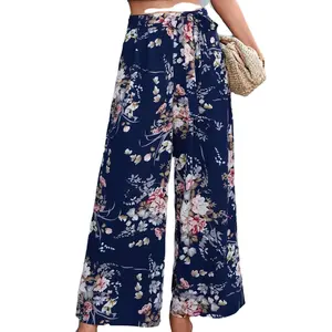 Fashion Wide Leg Pants Flower Floral Big Vintage Print Women's Bandage Waist Casual Loose Beach Trousers