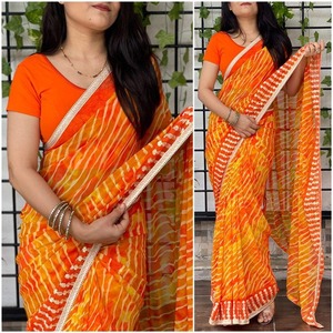 Nuevo 2023 Festival Wear Top Quality Georgette Leheriya Impreso con bordado Trabajo Saree Blusa Compras en línea India - Product Image 1