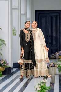 Launching Latest Traditional Party Wear Pure Chinon <b>Silk</b> Malty <b>Thread</b> Embroidery Sequence Work Top and Sharara With Dupatta - Product Image 4